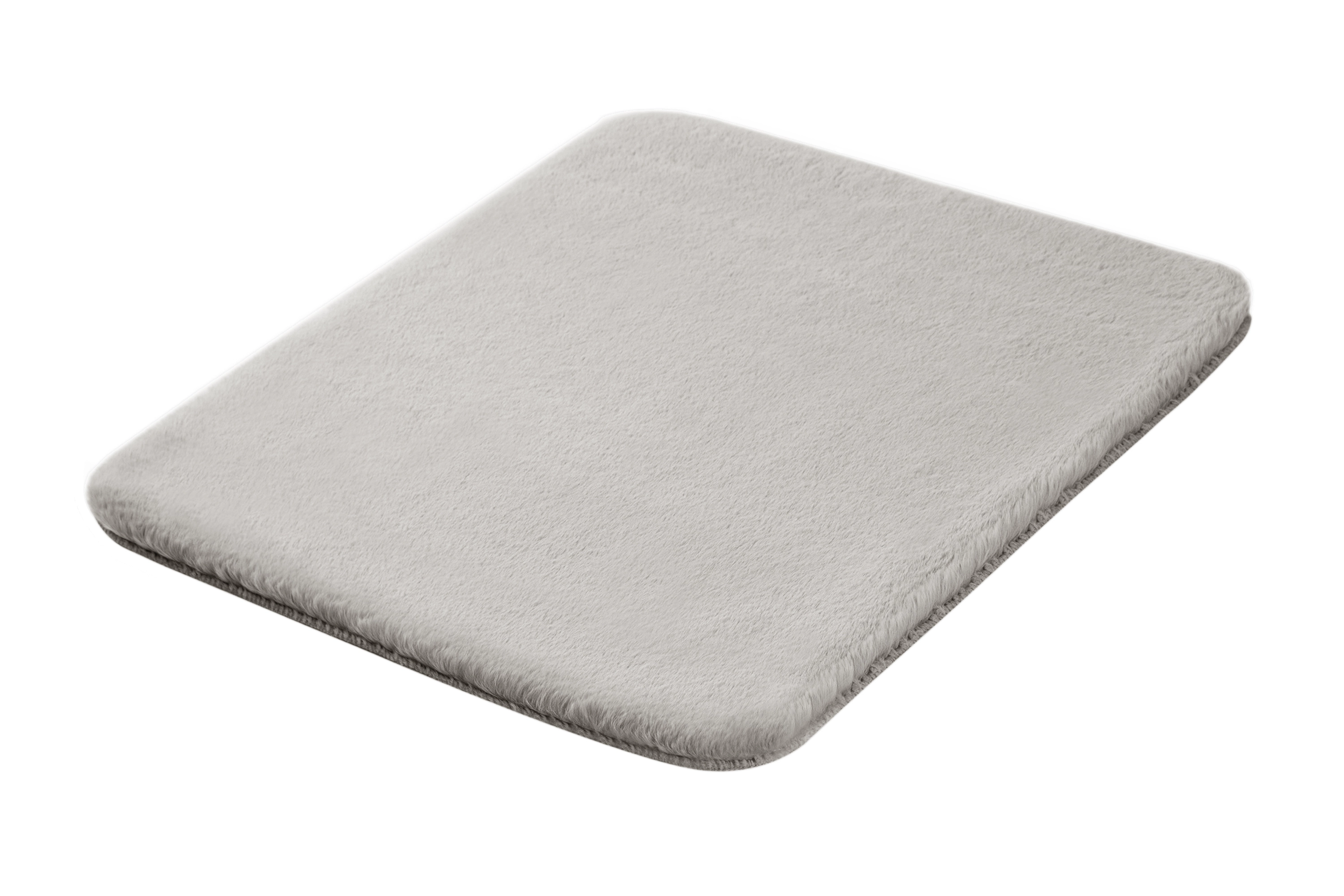 Weiche, rechteckige Badematte in hellem Grau, ideal für ein modernes Badezimmer.
