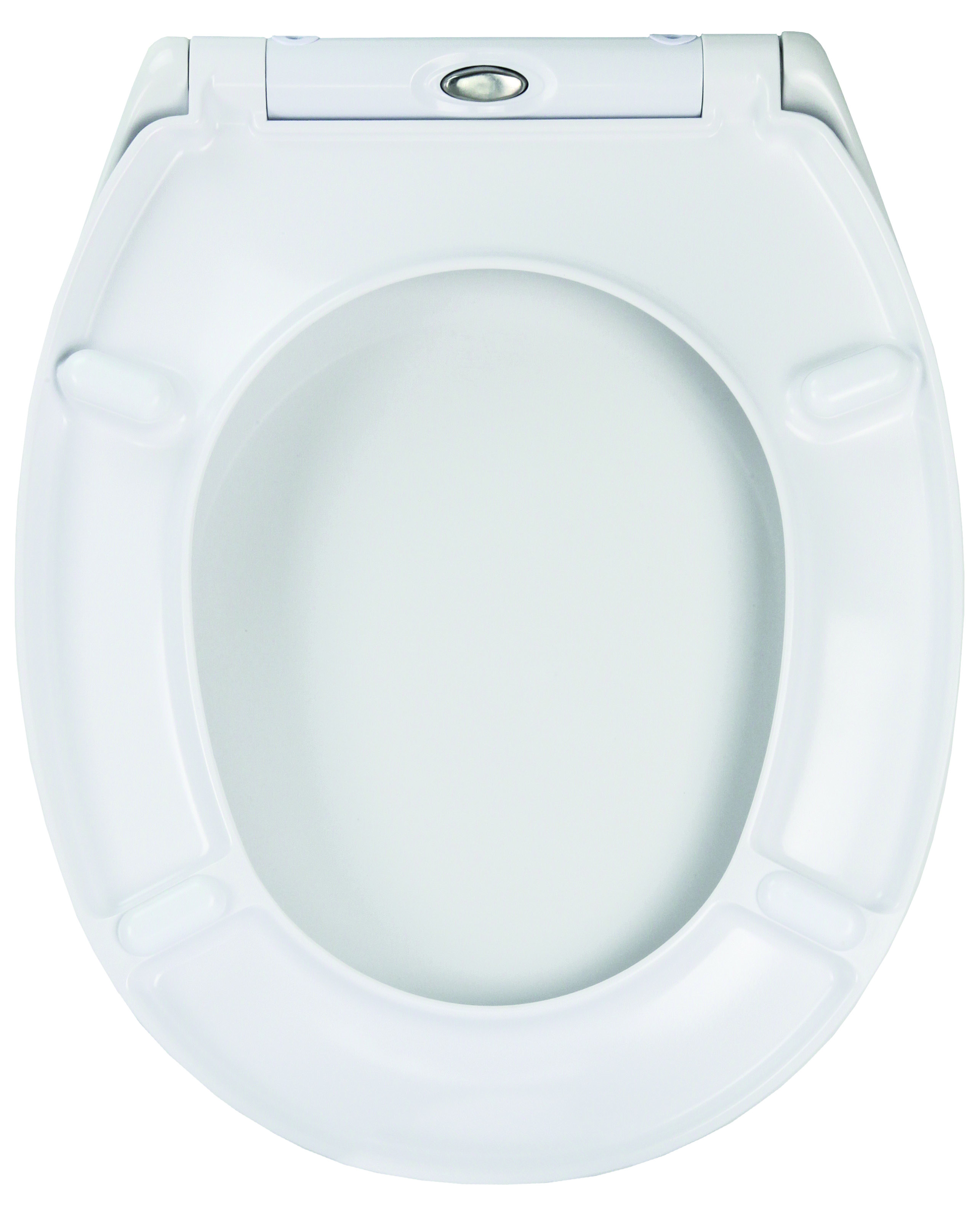 Weißer WC-Sitz mit abgerundeter Form und glatter Oberfläche, Ansicht von unten. Hochwertige Verarbeitung und modernes Design.