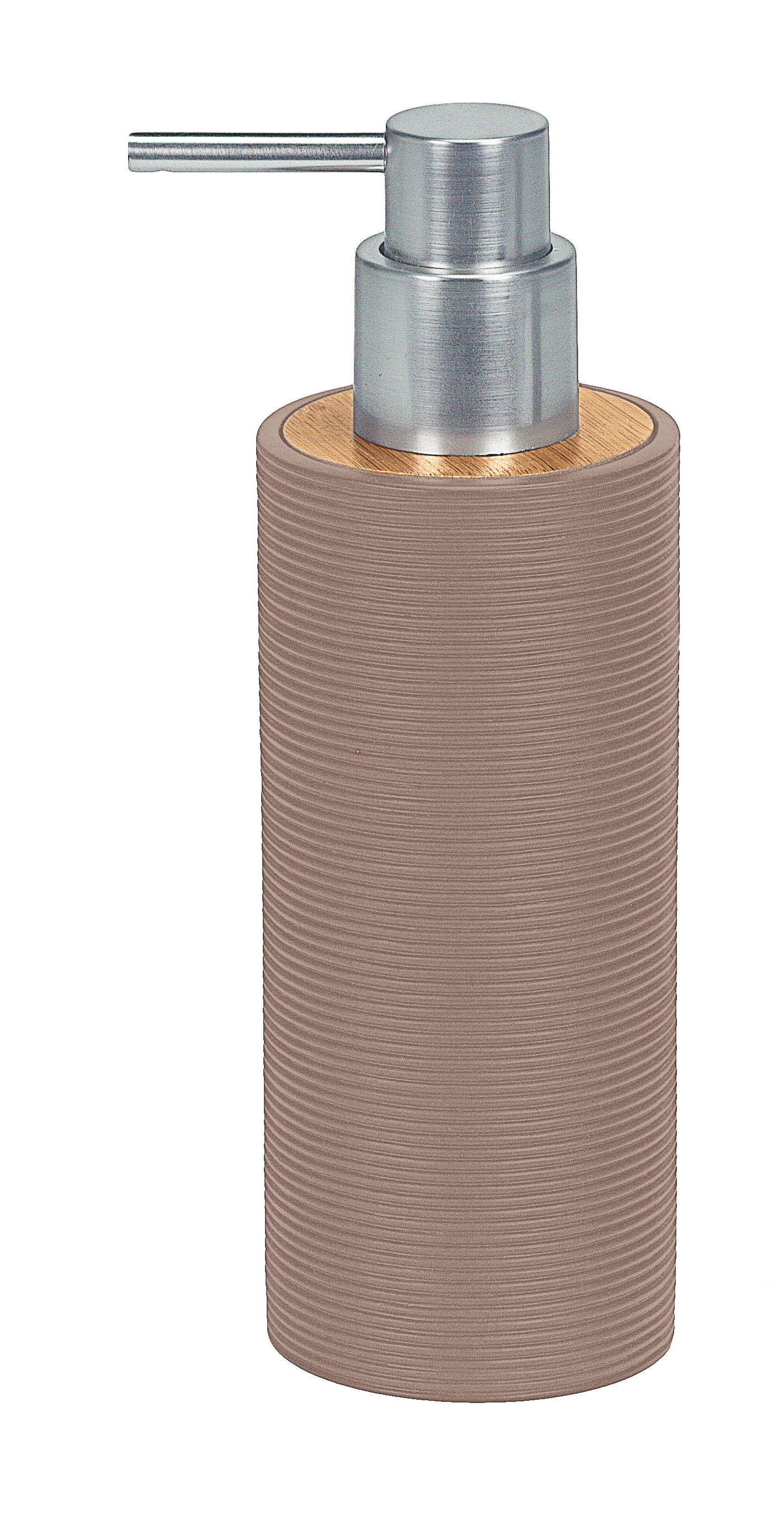 Seifenspender aus braunem Kunststoff mit geriffelter Oberfläche und silbernem Pumpkopf, ideal für moderne Badezimmer.