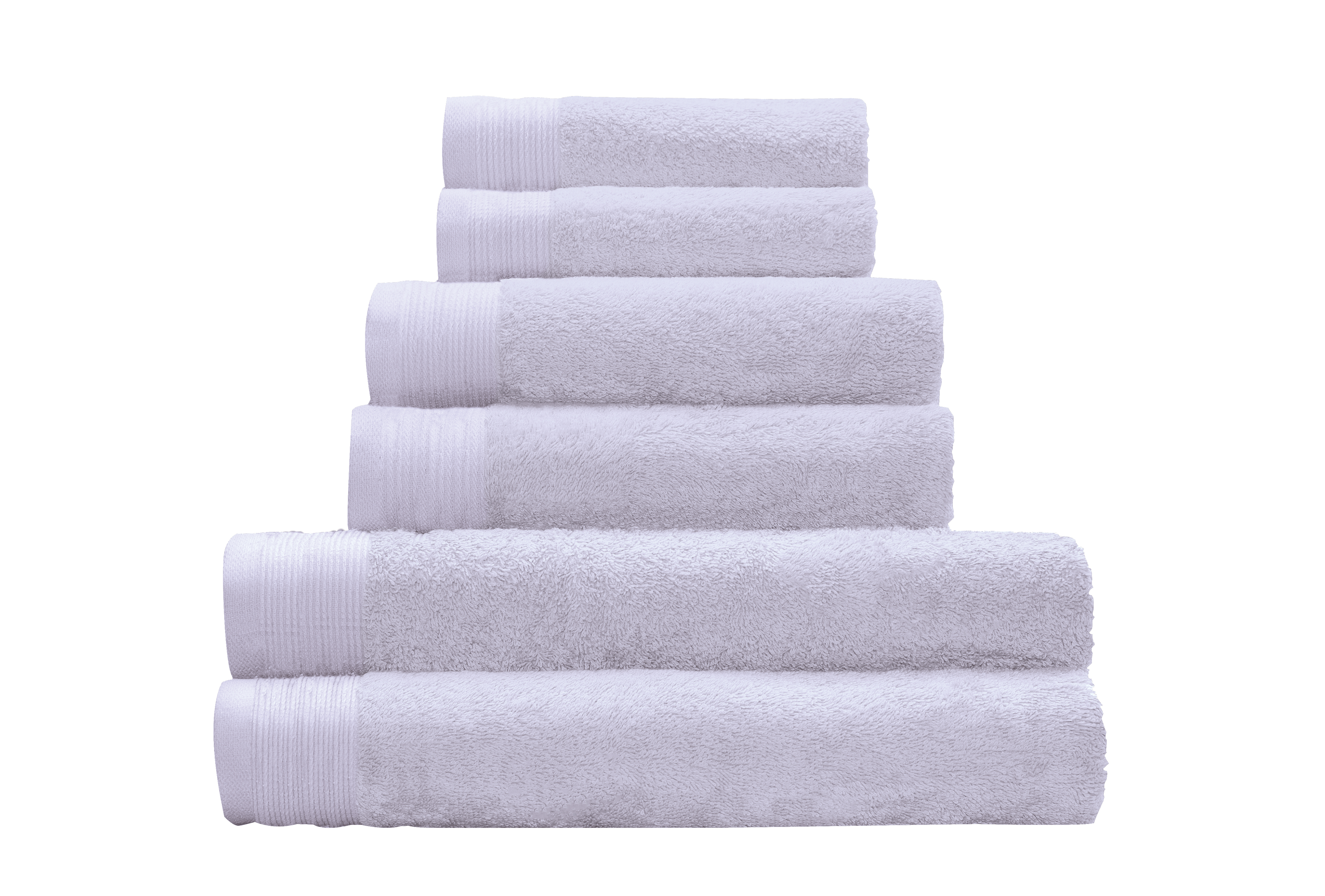 Frottier Handtuch BAO Lavendel 50 x 100 cm Weißes Handtuch-Set aus weicher Baumwolle, bestehend aus sechs Handtüchern in verschiedenen Größen, gestapelt.