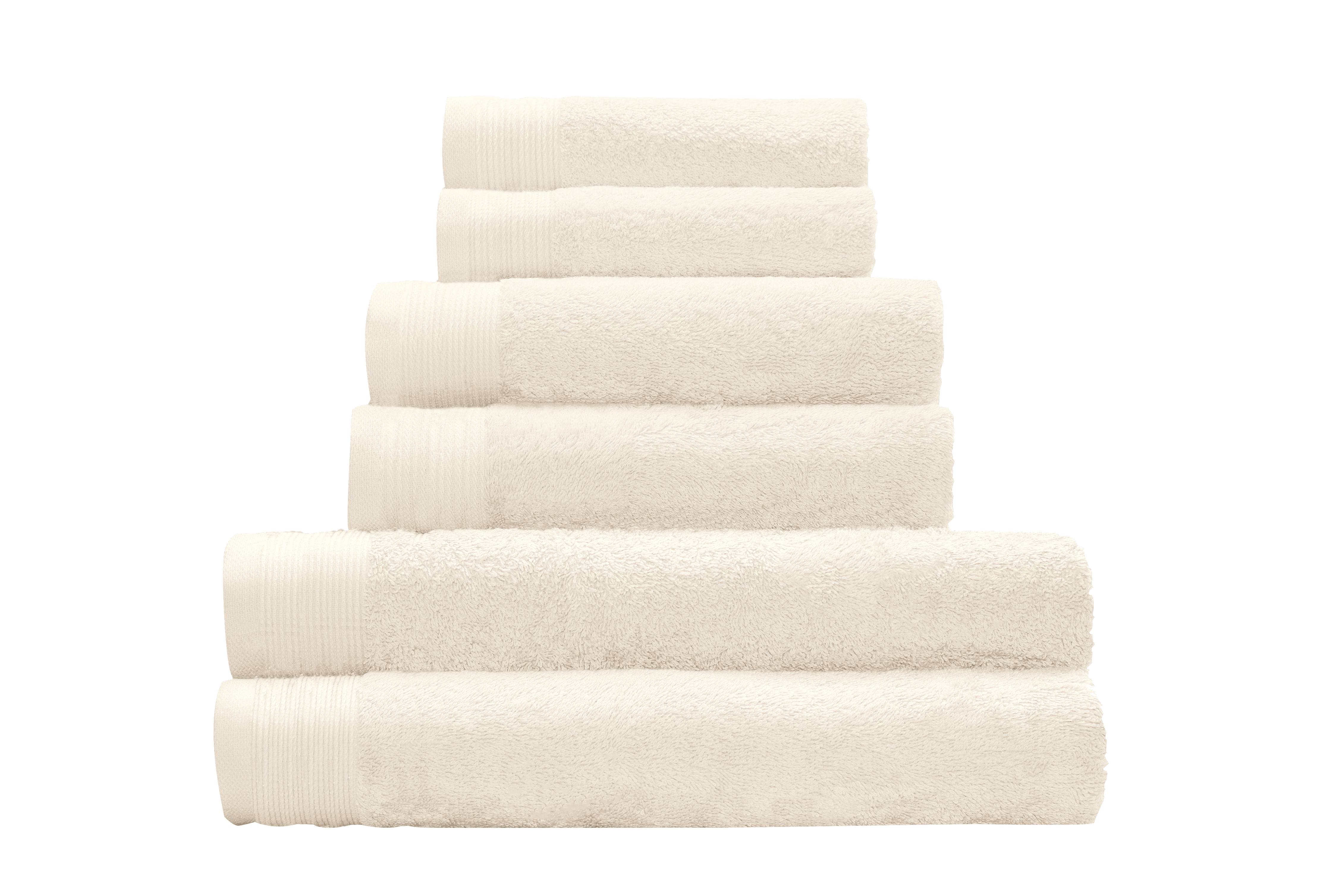 Frottier Handtuch BAO Champagner 50x100 cm Weißes Handtuch-Set aus weicher Baumwolle, bestehend aus sechs unterschiedlich großen Handtüchern, gestapelt in Pyramidenform.