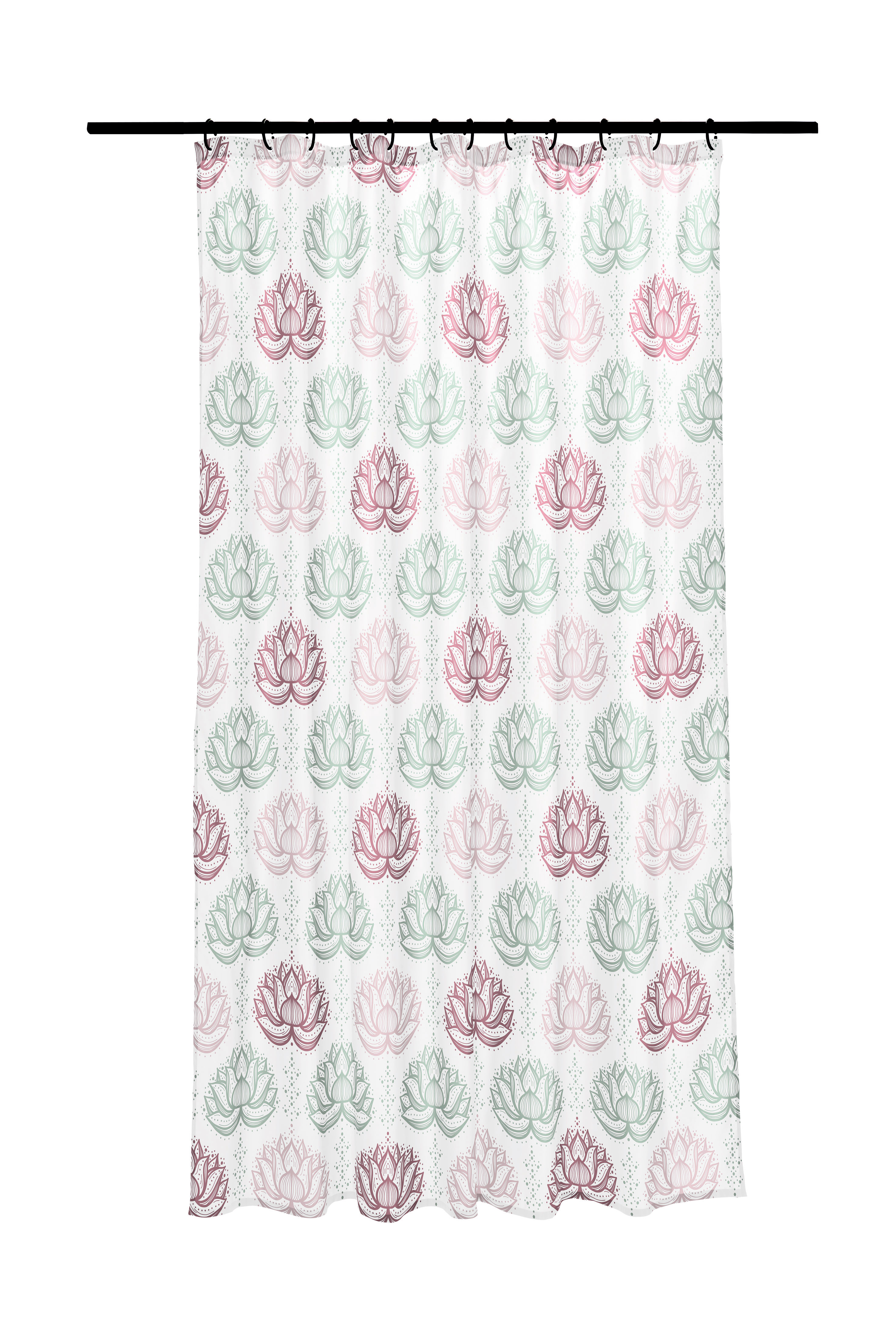 Duschvorhang mit zartem, mehrfarbigem Blätterdesign in Rosa und Grün auf weißem Hintergrund. Ideal für ein stilvolles Badezimmer.