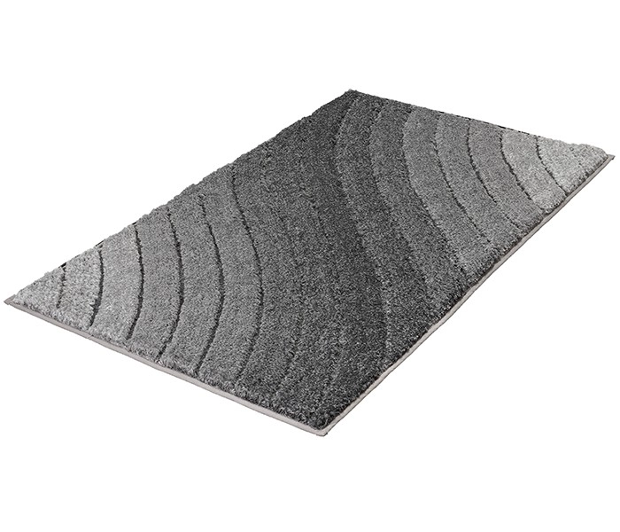 Grauer Teppich mit wellenförmigem Muster in verschiedenen Grautönen. Rechteckige Form, weiche Textur, ideal für moderne Wohnräume.