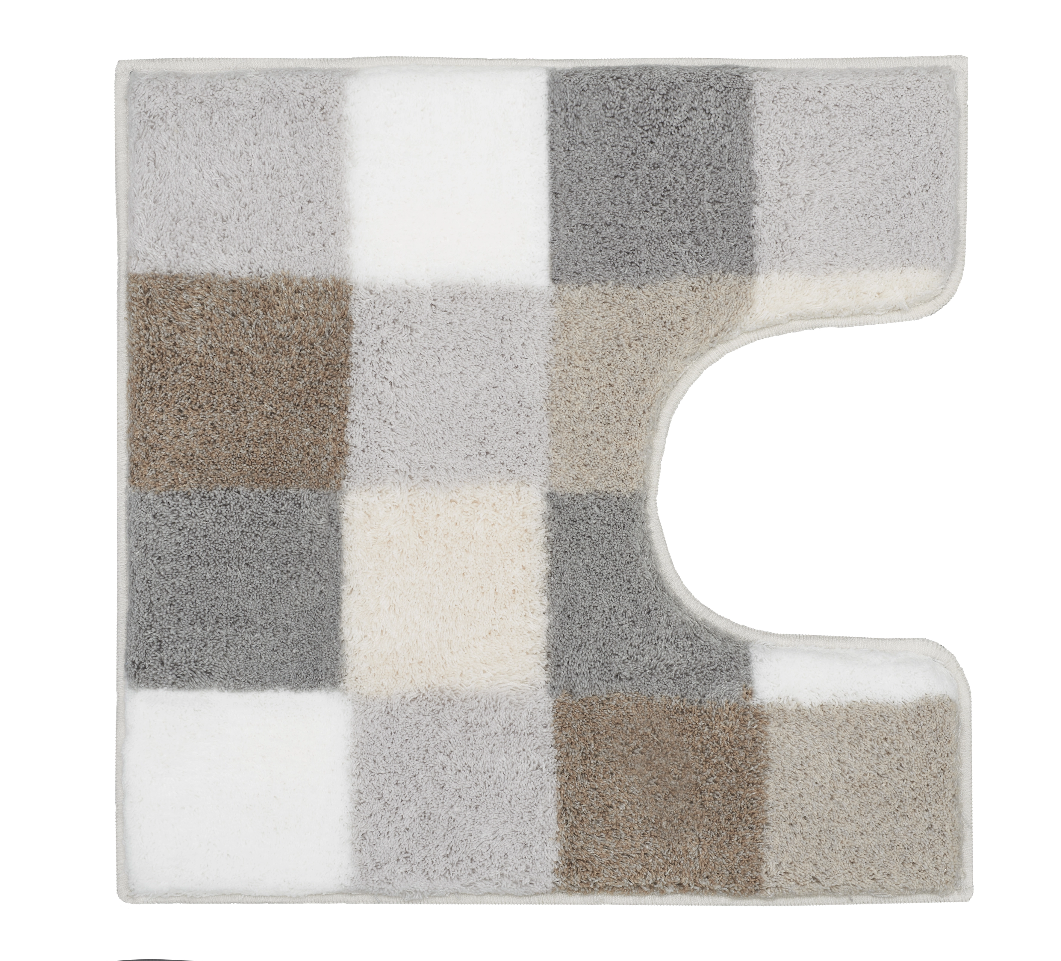 WC-Vorleger CARO Kaschmirfarben 55 x 55 cm mit Ausschnitt Badematte mit Karomuster in Beige-, Grau- und Weißtönen, U-förmig für Toiletten.