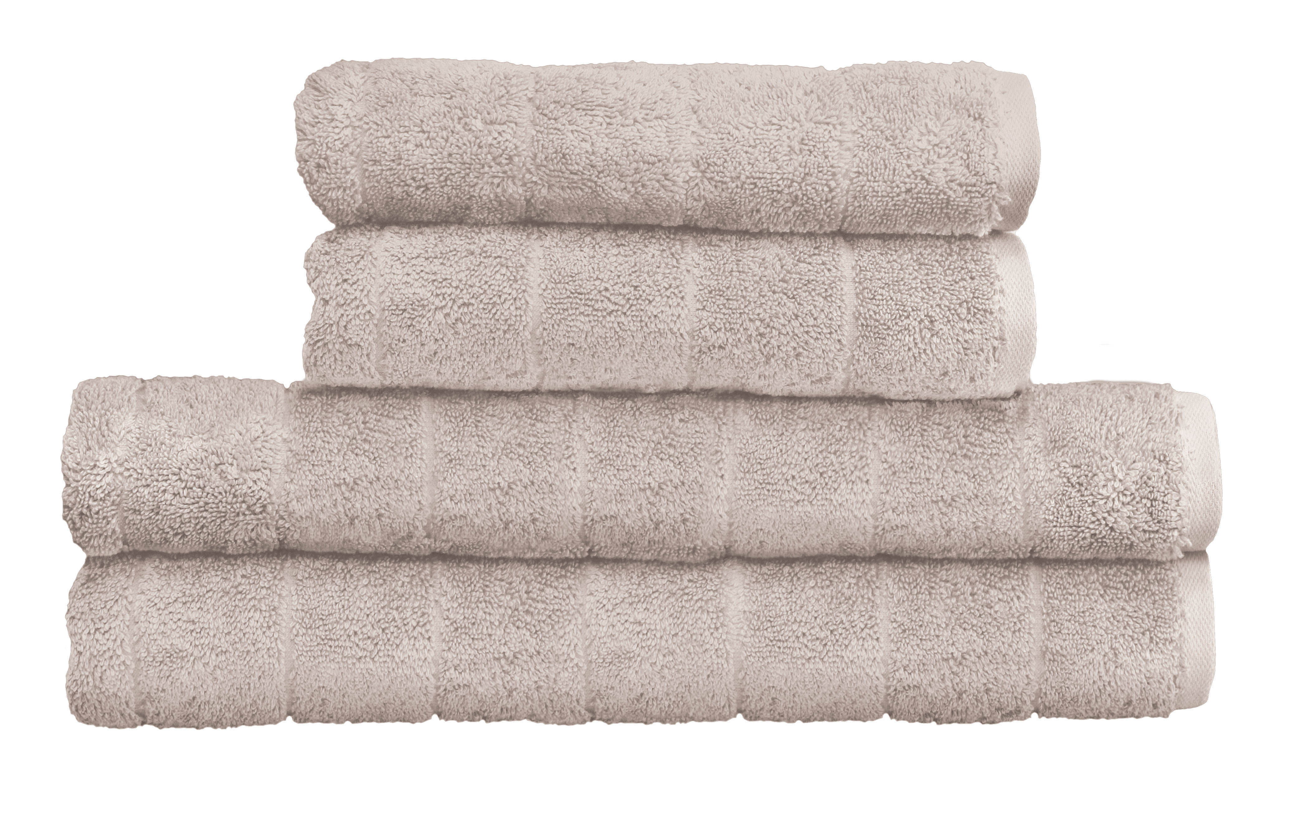 Frottier Handtuch VIA Auster 50x100 cm Gestapelte, beige Handtücher aus weichem, flauschigem Material, ideal für Badezimmer und Wellness.