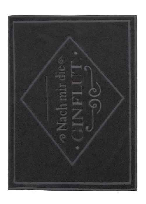 4004478327993 Dunkelgraue Badematte mit dem Schriftzug "Nach mir die Ginflut" in einem stilvollen, geometrischen Design. Perfekt für moderne Badezimmer.