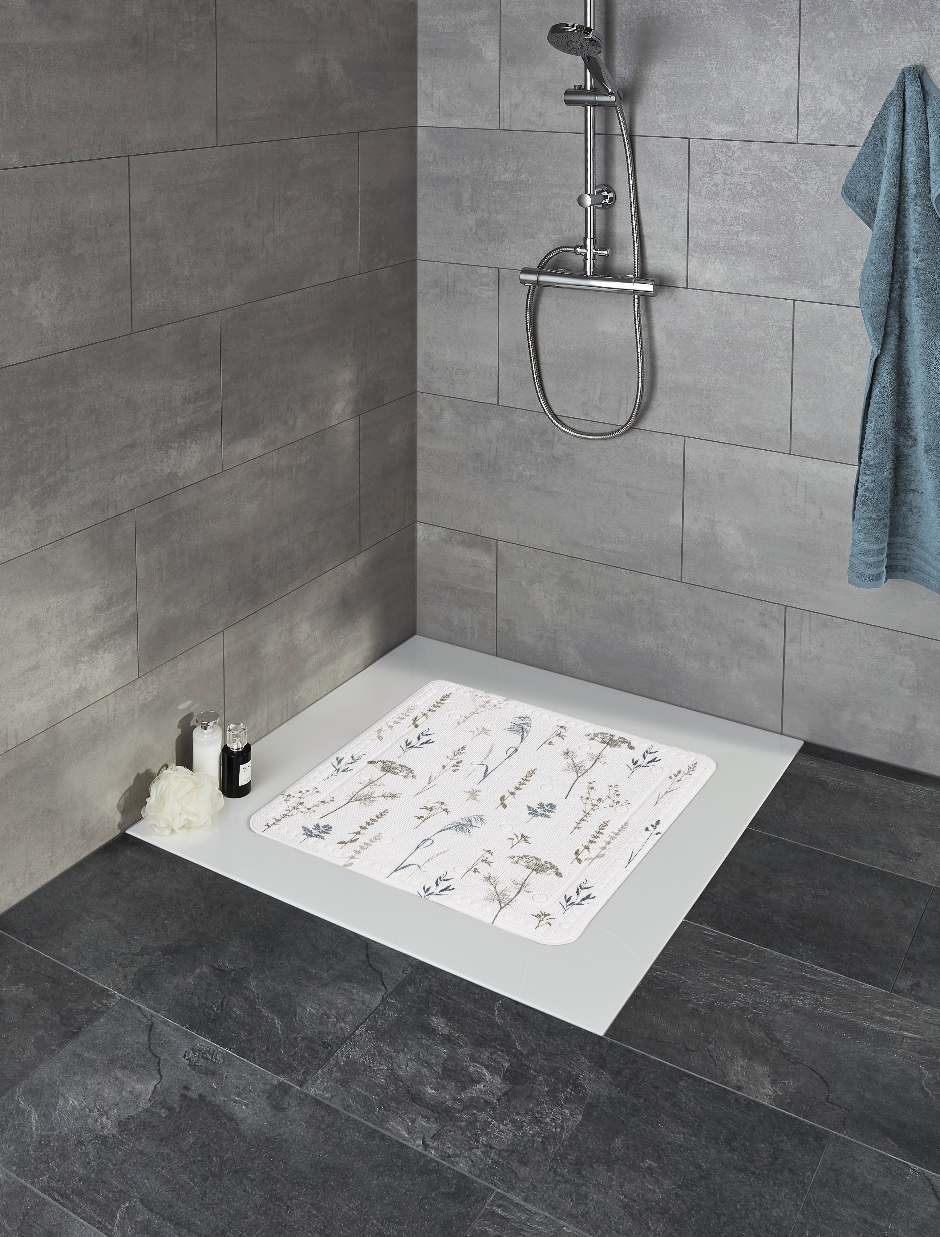 Rutschfeste Duschmatte mit floralem Design in einer modernen, grauen Badezimmerumgebung.