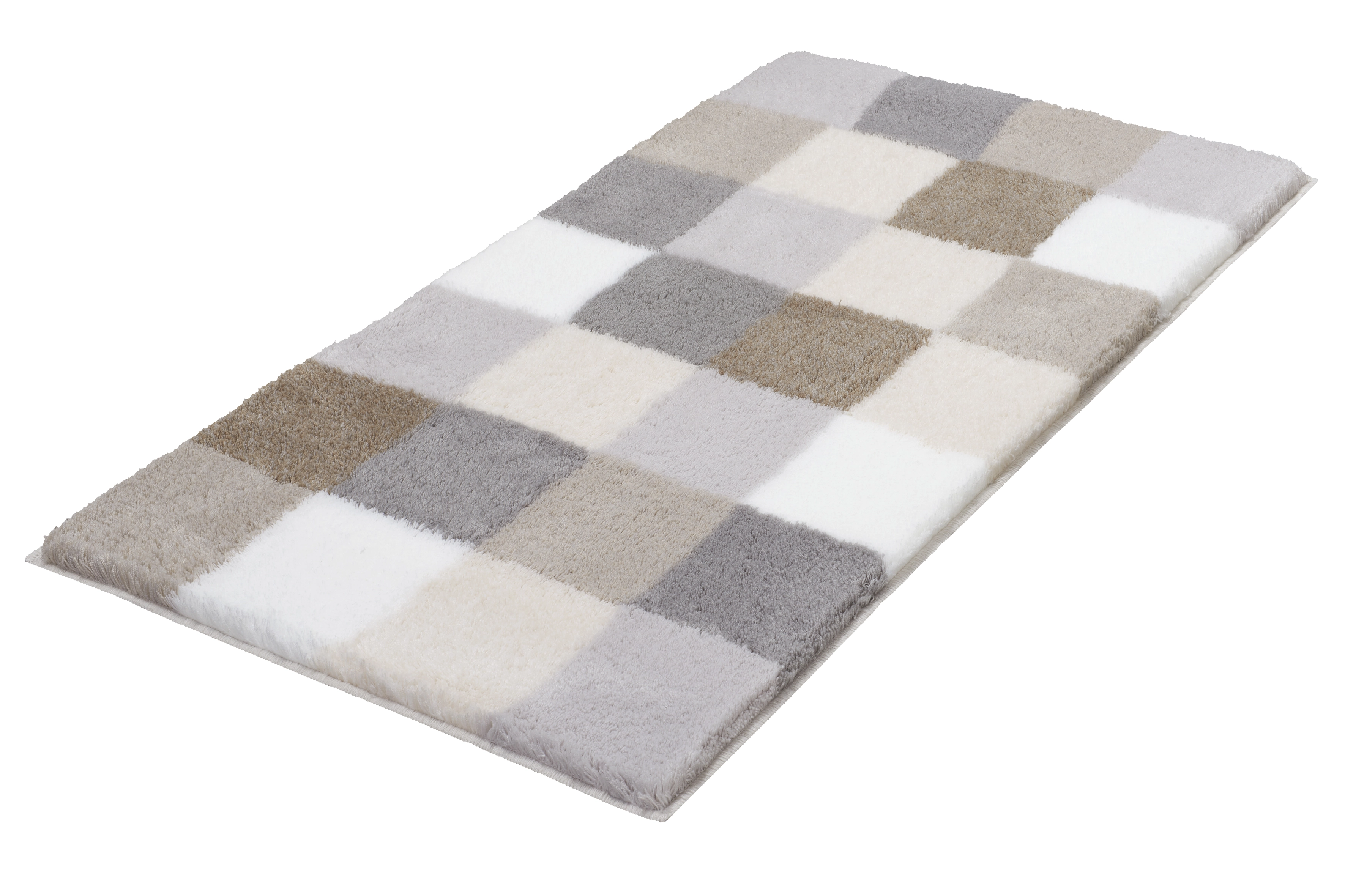 Badteppich CARO Kaschmirfarben 70 x 120 cm Weicher Badteppich mit kariertem Muster in Beige-, Grau- und Weißtönen, ideal für ein modernes Badezimmer.