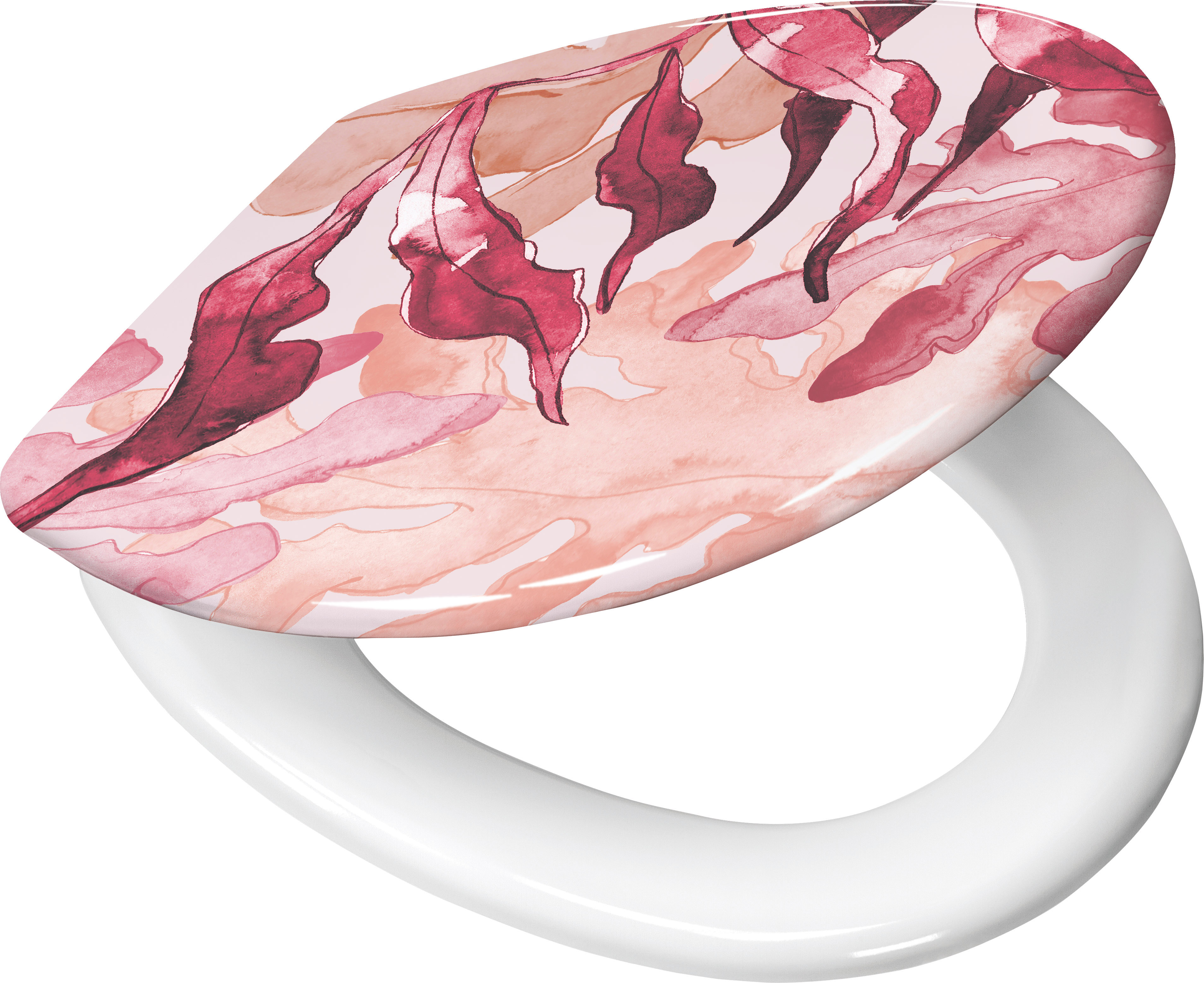 WC-Sitz mit floralem Aquarell-Design in Rosa- und Rottönen, abgerundete Form, hochwertiges Material, stilvoll und modern.