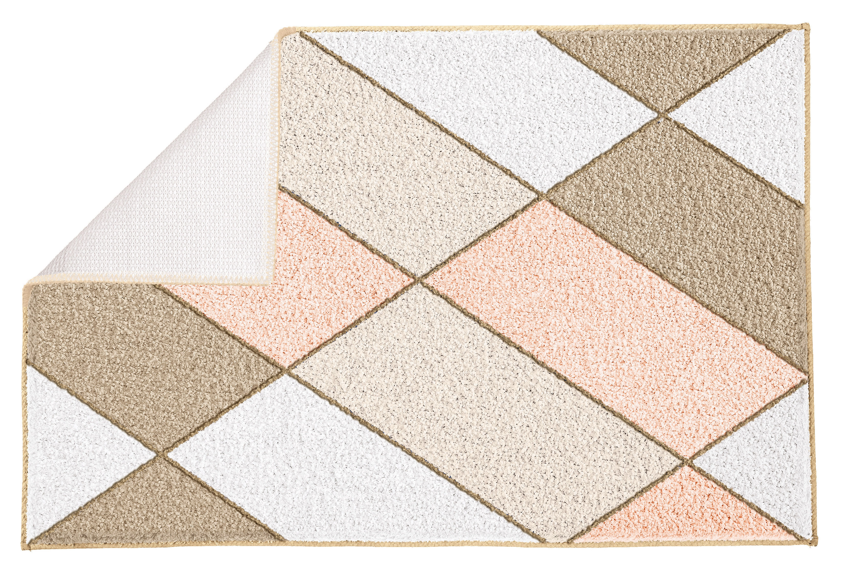 Badematte mit geometrischem Muster in Beige, Weiß und Rosa, rutschfeste Rückseite, weiche und saugfähige Oberfläche.