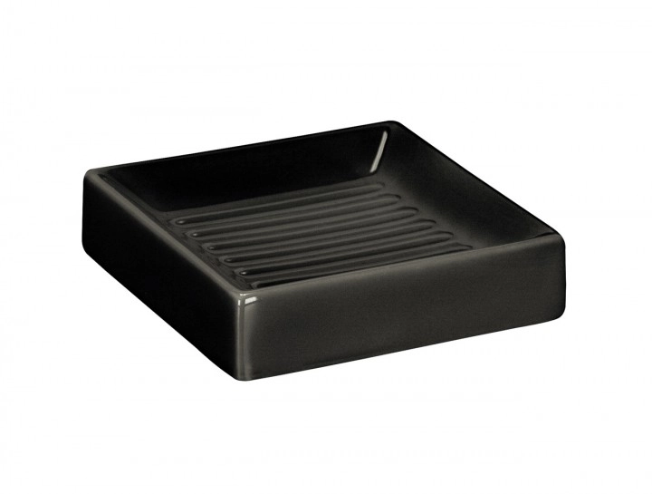 4004478161580 Elegante, schwarze Seifenschale aus Keramik mit geriffelter Oberfläche. Ideal für moderne Badezimmer.