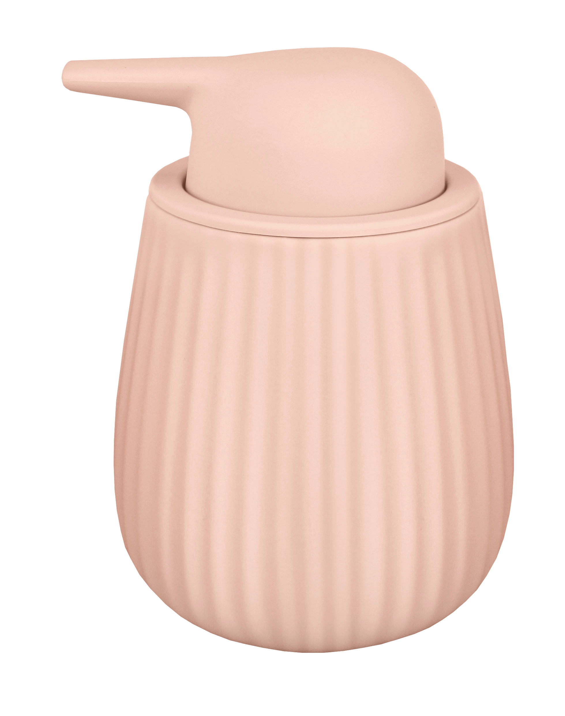 Seifenspender in zartem Rosa mit geriffelter Oberfläche und modernem Design. Perfekt für stilvolle Badezimmer.