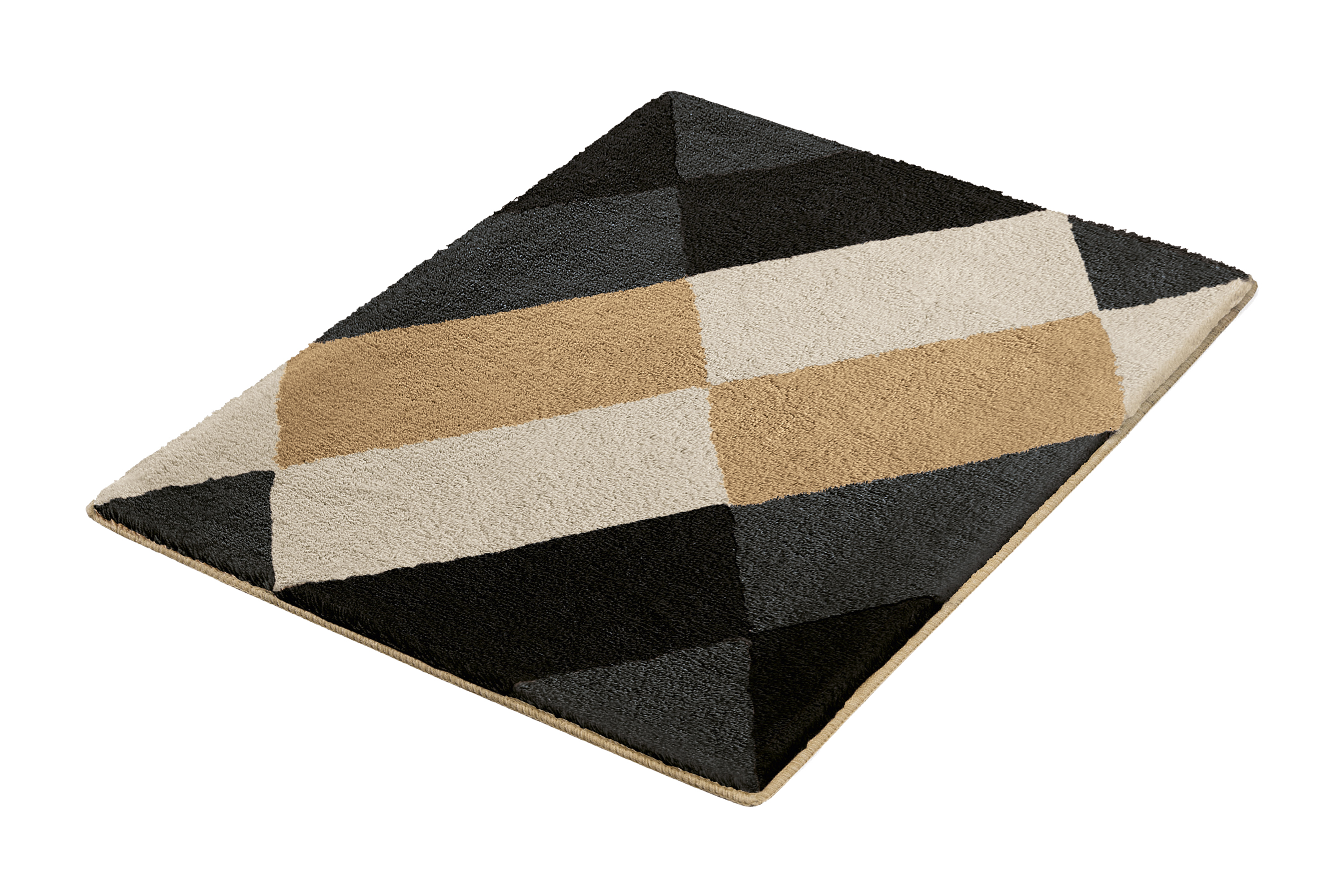Moderner Teppich mit geometrischem Muster in Schwarz, Grau, Beige und Braun. Rechteckige Form, weiche Textur.