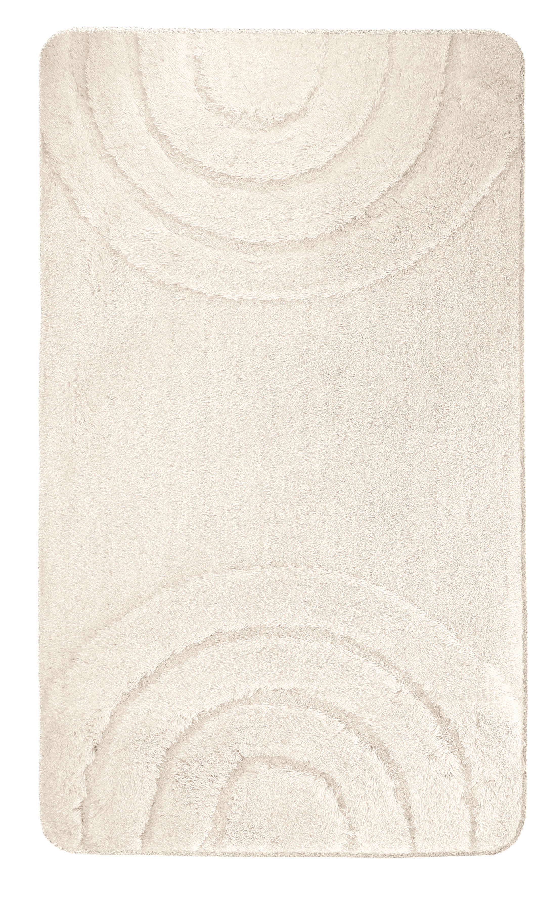 Weißer rechteckiger Teppich mit dezentem, kreisförmigem Muster und weicher Textur.