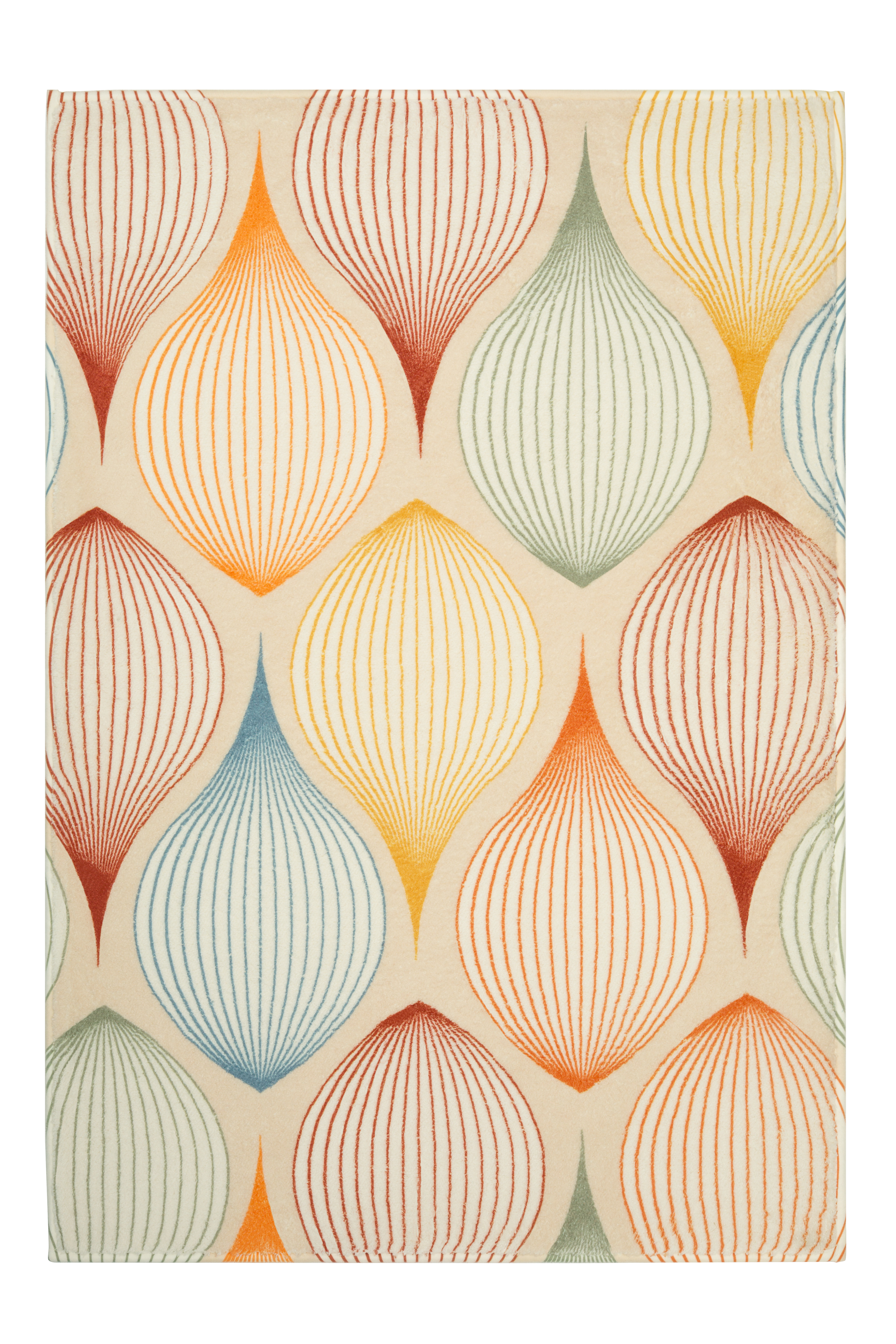 Badteppich MAGIC Multicolor 70 x 120 cm Bunter Teppich mit stilisierten Zwiebelmustern in Rot, Orange, Gelb, Blau und Grün auf cremefarbenem Hintergrund.