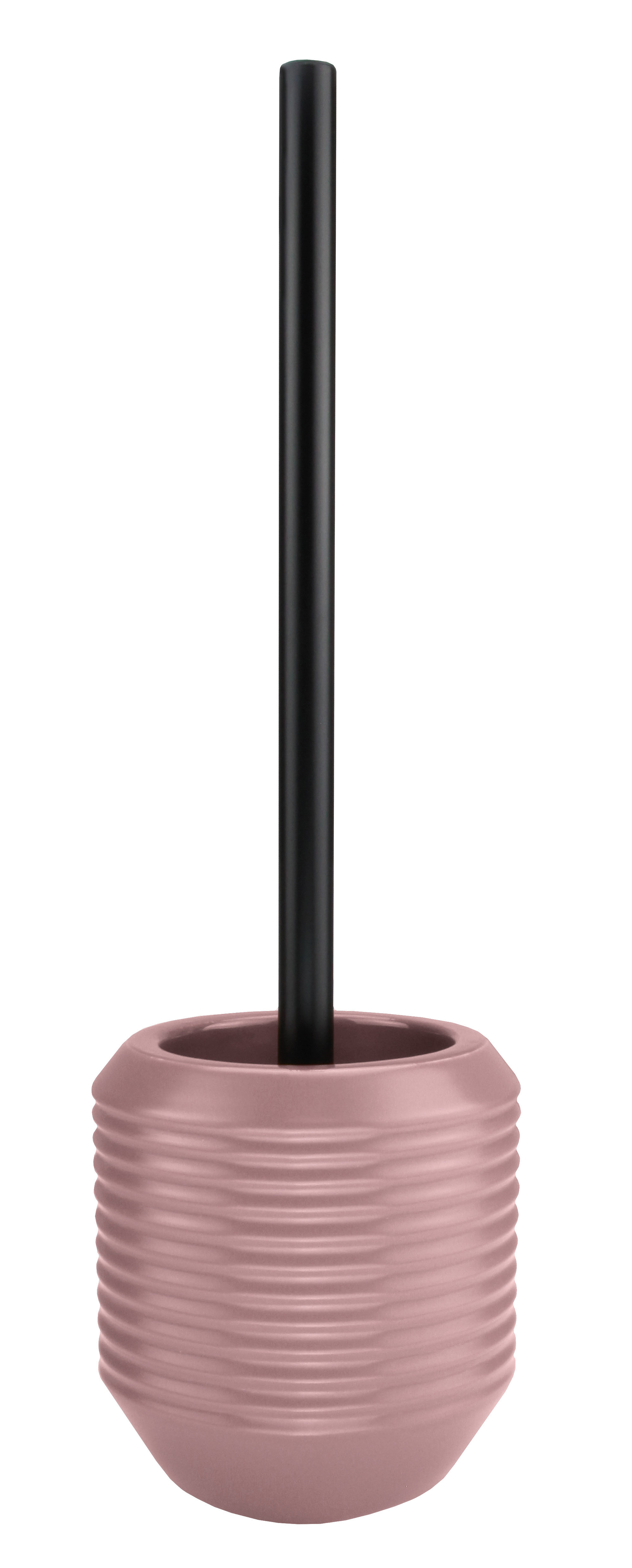 Toilettenbürstenhalter in modernem Design, rosa geriffelte Oberfläche, schwarzer Griff. Ideal für stilvolle Badezimmer.