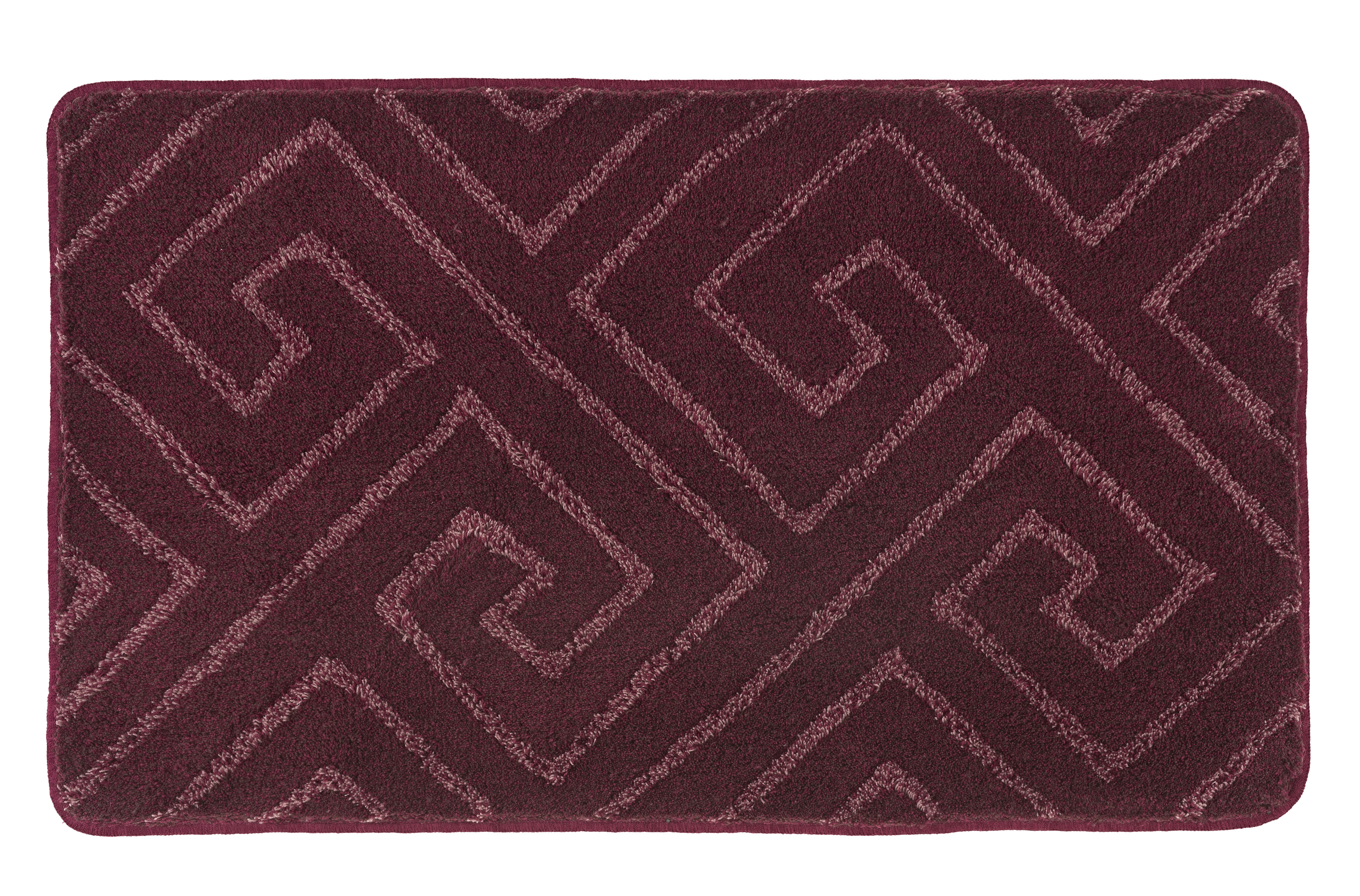 Bordeauxfarbene Badematte mit geometrischem Muster, weiche Textur, rutschfeste Unterseite, ideal für Badezimmer.