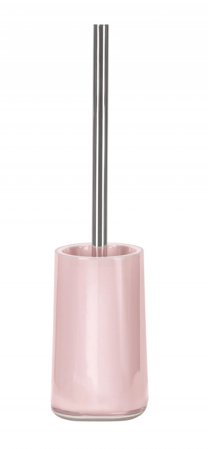 Rosa WC-Bürstenhalter mit glänzendem Edelstahlgriff, modernes Design, ideal für stilvolle Badezimmer.