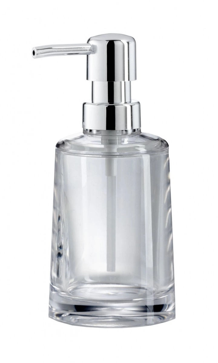 4004478201767 Eleganter Seifenspender aus klarem Glas mit glänzendem Chrom-Pumpkopf. Ideal für moderne Badezimmer und Küchen.
