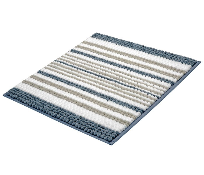 4004478324923 Badematte mit Streifenmuster in Blau, Weiß und Grau, weiche Textur, rutschfeste Unterseite. Ideal für Badezimmer.